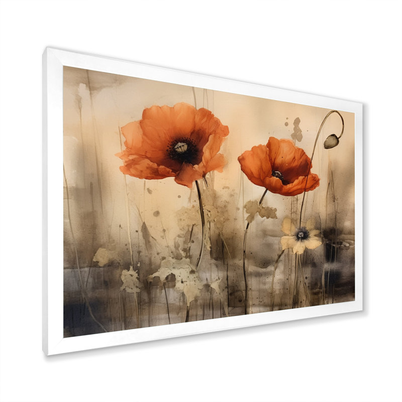 Brilliant Poppies I - Art mural floral, Cadre simple blanc, H 12 po x l 20 po x P 1 po