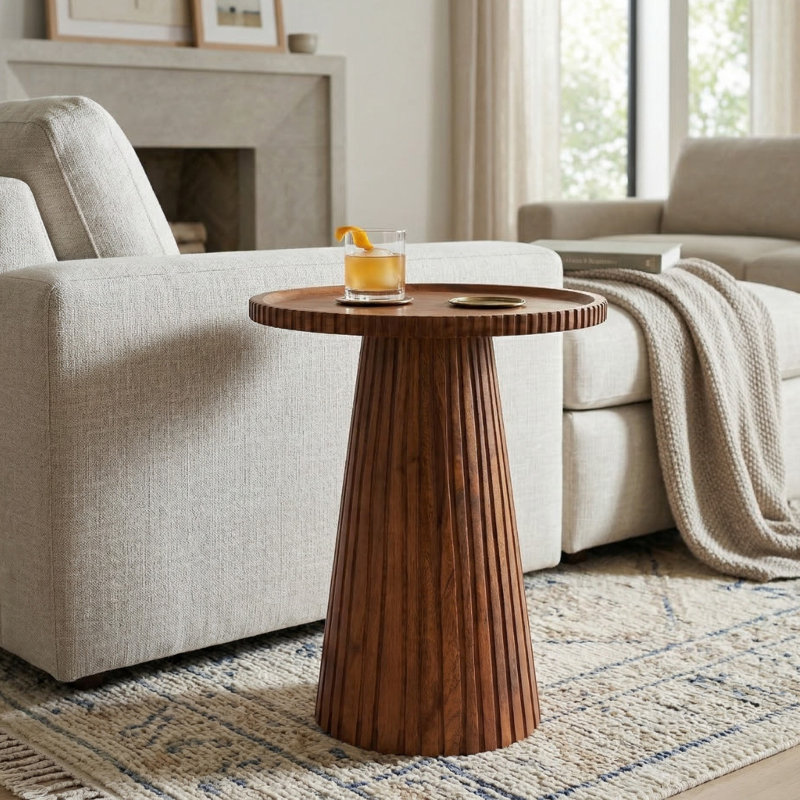  Table d'appoint en bois sculpté - Bois massif, finition naturelle et noire, Bois naturel