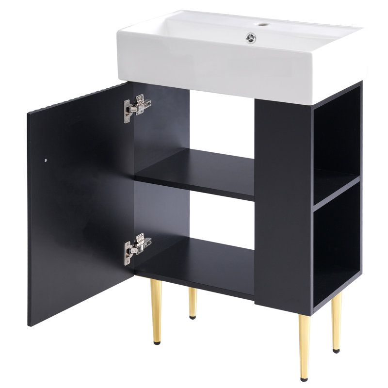 Armoire de salle de bain 21,6 po avec lavabo en céramique et rangement de meuble-lavabo noir à droite, Noir
