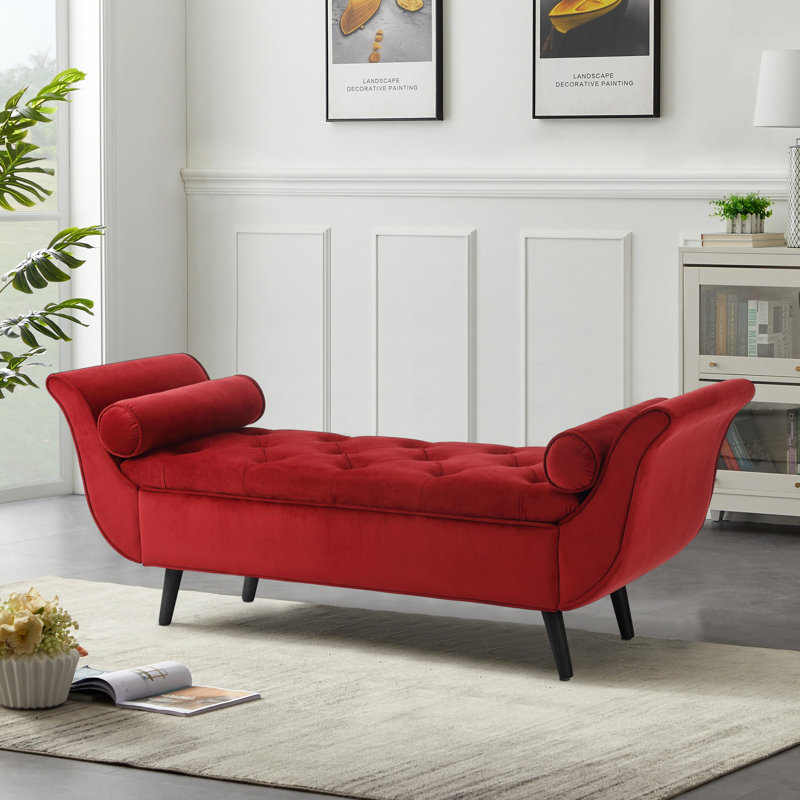 Velvet Upholstered Storage Bench, Red