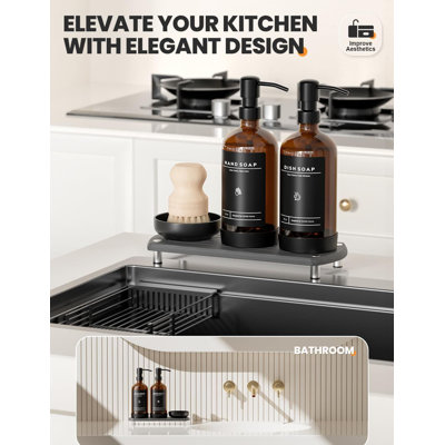 16oz Clear Glass Kitchen Soap Dispenser Set | Stainless Steel Pump, Dry Tray & Accessories | Labels, Silicone Pad & Dish Brush