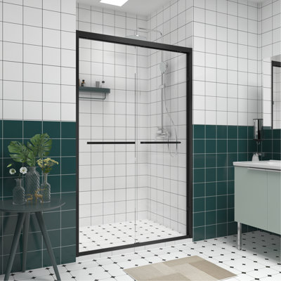 Porte de douche coulissante double de 76 po de hauteur avec poignée pour suspendre la serviette, cadre en aluminium noir, guide d'installation facile