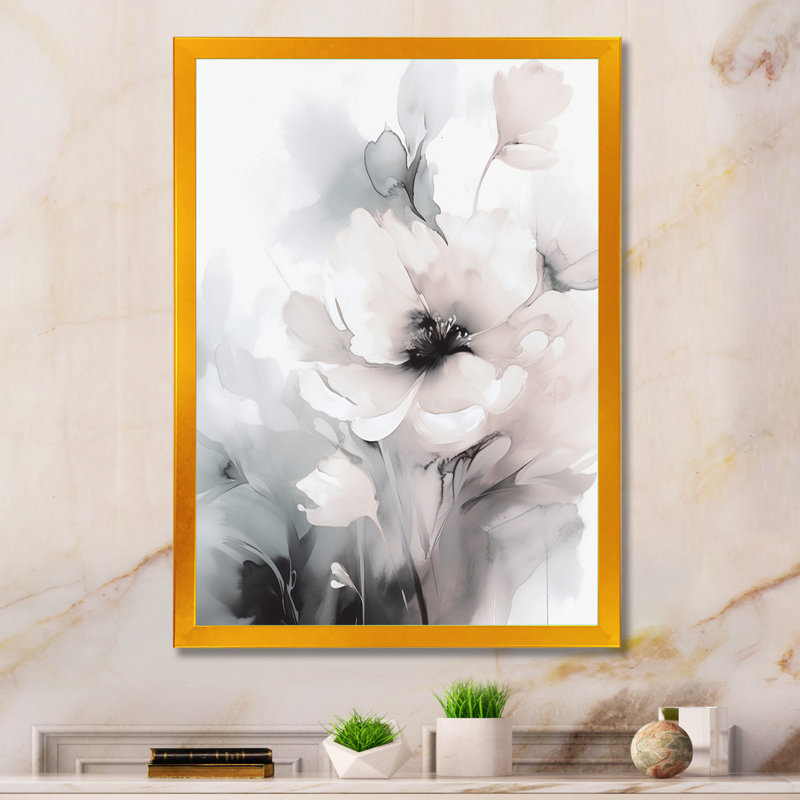 Douces fleurs gris clair I - art mural floral, Cadre doré, H 32 po x l 24 po