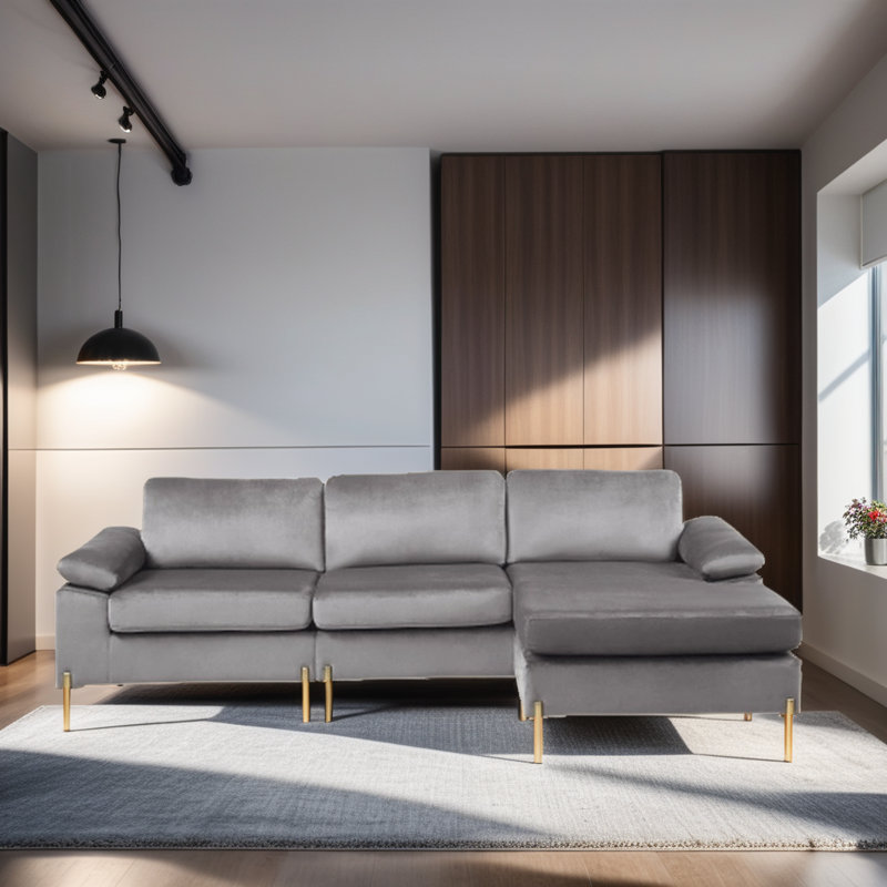 Saidel Velvet L-Shaped Sectional Reversible, Gray Velvet