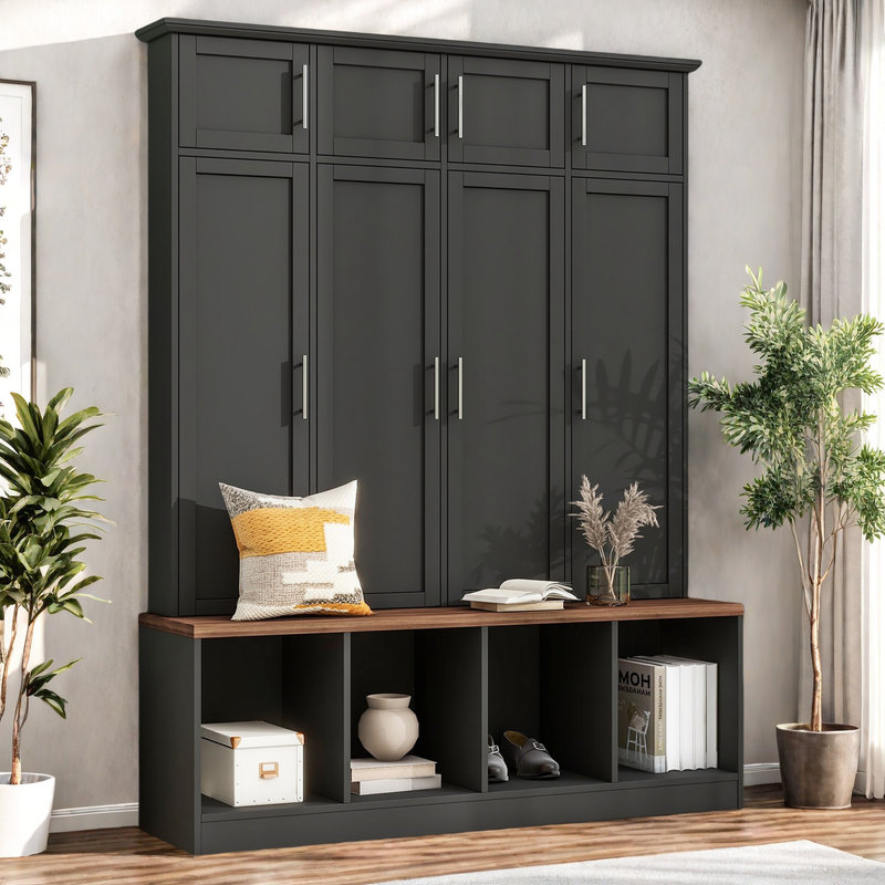 75"H Hall Tree with Open Storage,3-in-1 Hall Tree with Bench, Black