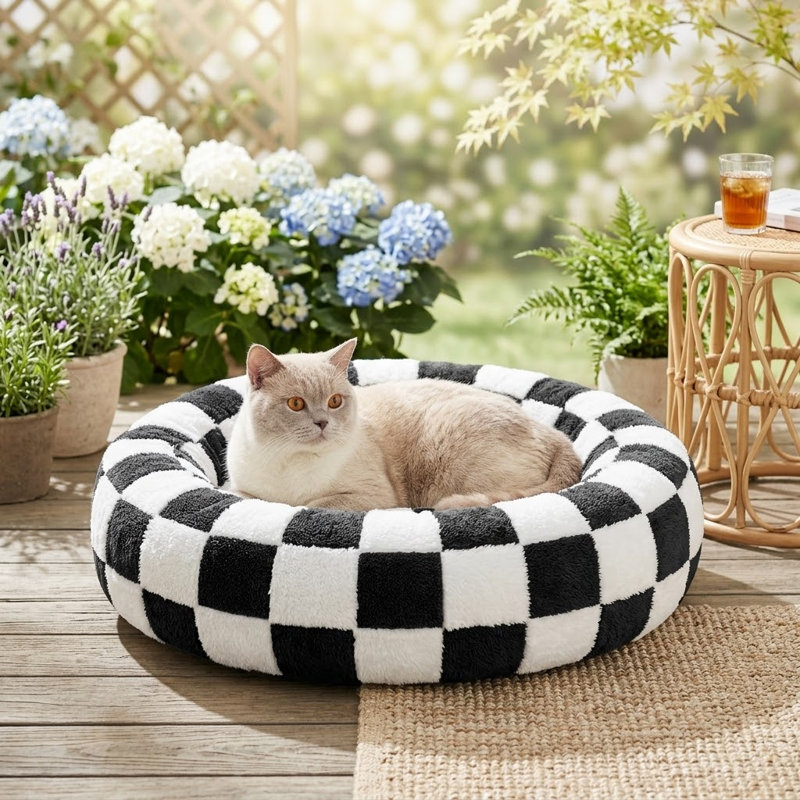 Mignon lit de beignet apaisant rond noir et blanc de style rétro pour petits chiens et chats, pelucheux et lavable