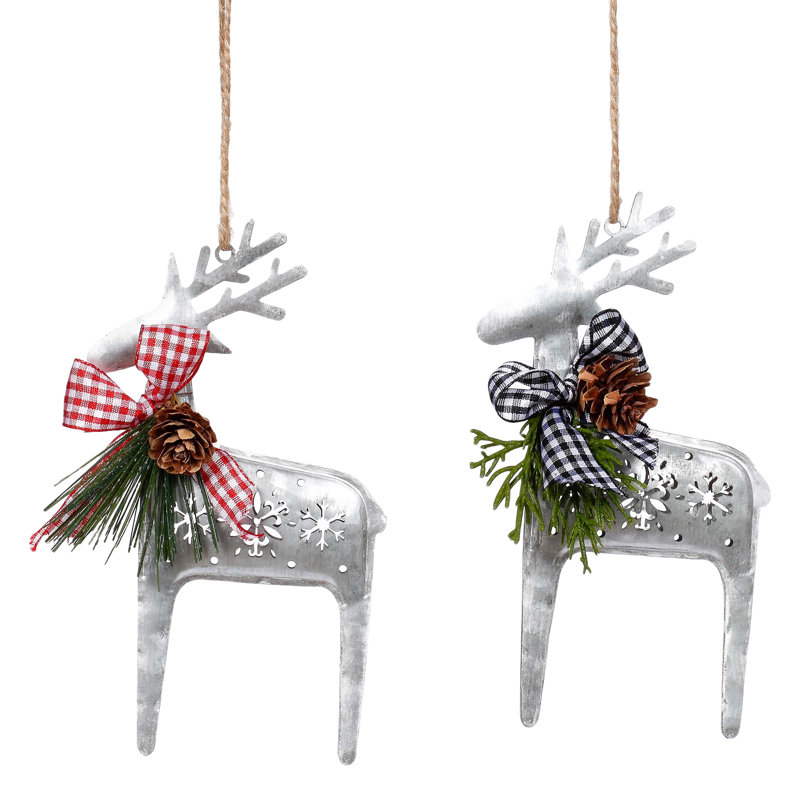 Ornement de Noël renne en métal argenté 6,25 "avec nœud papillon vichy noir et pin, Noir