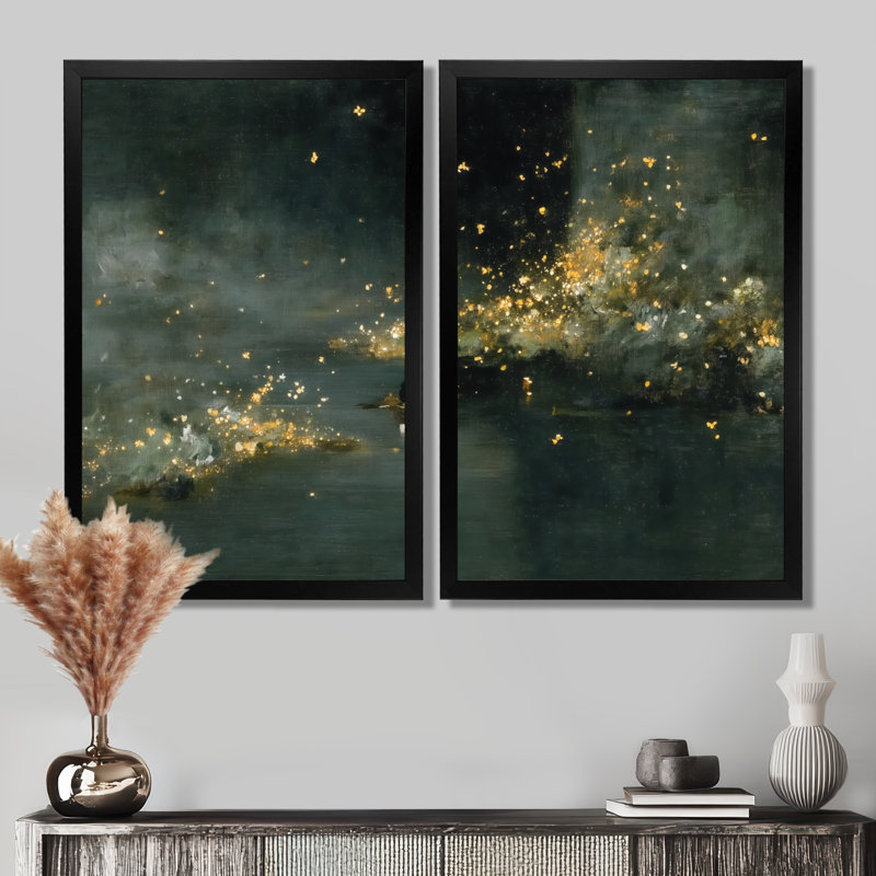 «Curious Fireflies At Night - Fireflies», impression sur toile jaune nature, 2 pièces, H 36 po x l 48 po, Noir