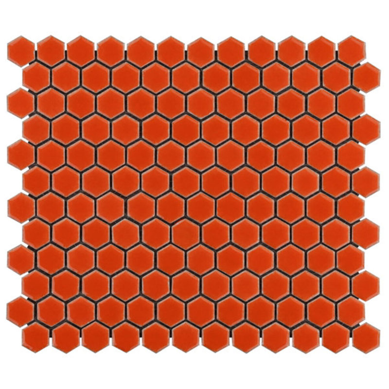 Eden 2.0 Rimmed 1" Hexagon Polished Porcelain Mosaic Tile, Tangerine