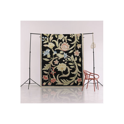 Black Themed Multicolor Flower Rose Patterned Creative Modern Decorative Rug