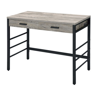 Weathered Oak Office Desk With 2 Drawers, Black Metal Base & Power Facilities Writing Roomy Frame Ports