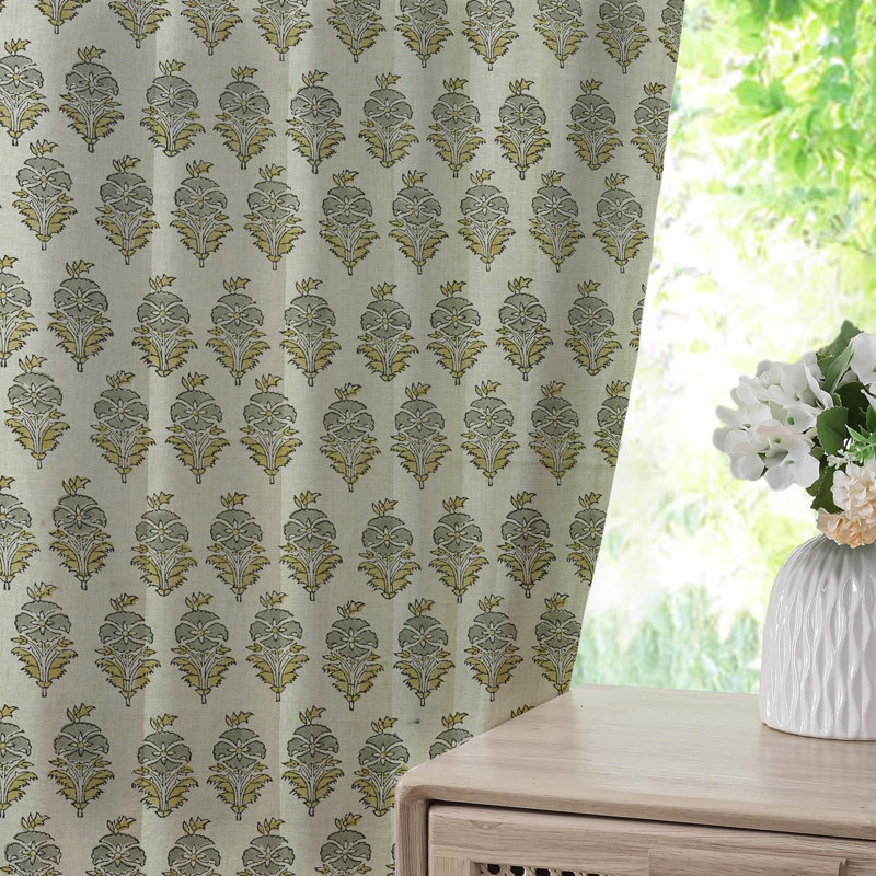 Fabdivine 27x89 Inches, Gray or Brown Floral Pattern 2 Panel Set, Pinch Pleated Curtain Handmade Block Print Bohemian Soft Pure Linen Fabric with Blackout Kitchen, Room Darkening, Mor Mukut