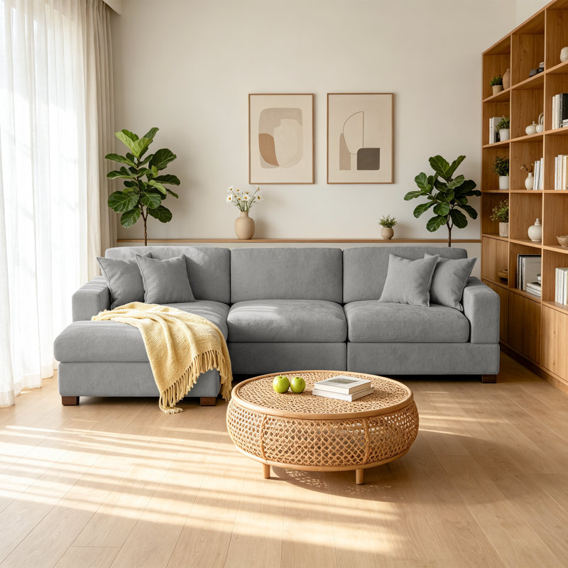 3 - Piece Upholstered Gray Chenille Modular Sectional Sofa with Armrests & Throw Pillows, Gray Chenille, Left Hand Facing