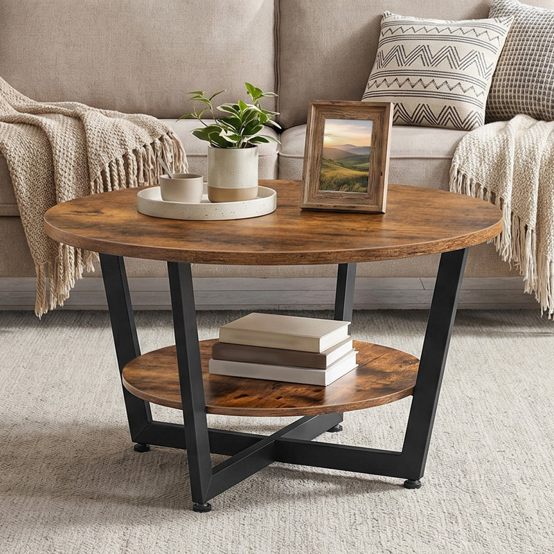 Round Coffee Table with 2-Tier Storage Shelves
