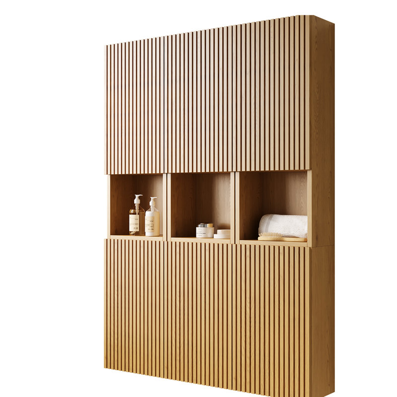 Étagère murale 41 po pour salle de bain - 6 armoires avec portes en contreplaqué de couleur chêne - et pour plusieurs espaces de rangement fonctionnels