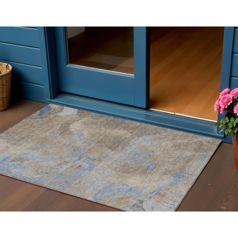 Tapis intérieur/extérieur lavable, 90 x 150 cm, à motifs abstraits taupe, beige et bleu
