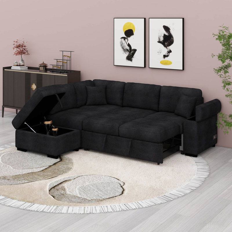 Canapé d'angle modulaire convertible en L, Noir