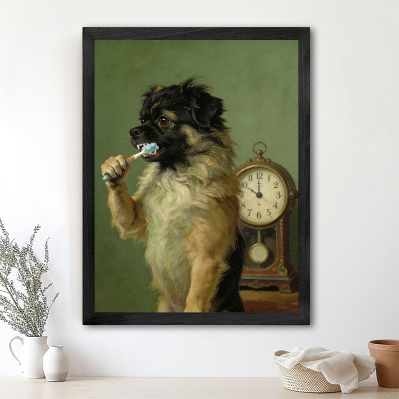 Art encadré noir, chien noir rétro, brossage des dents, art humoristique rétro, impressions encadrées, H 11 po x l 9 po