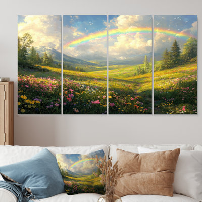Arc-en-ciel au-dessus de la prairie au printemps I - art mural arc-en-ciel - ensemble d'art mural traditionnel