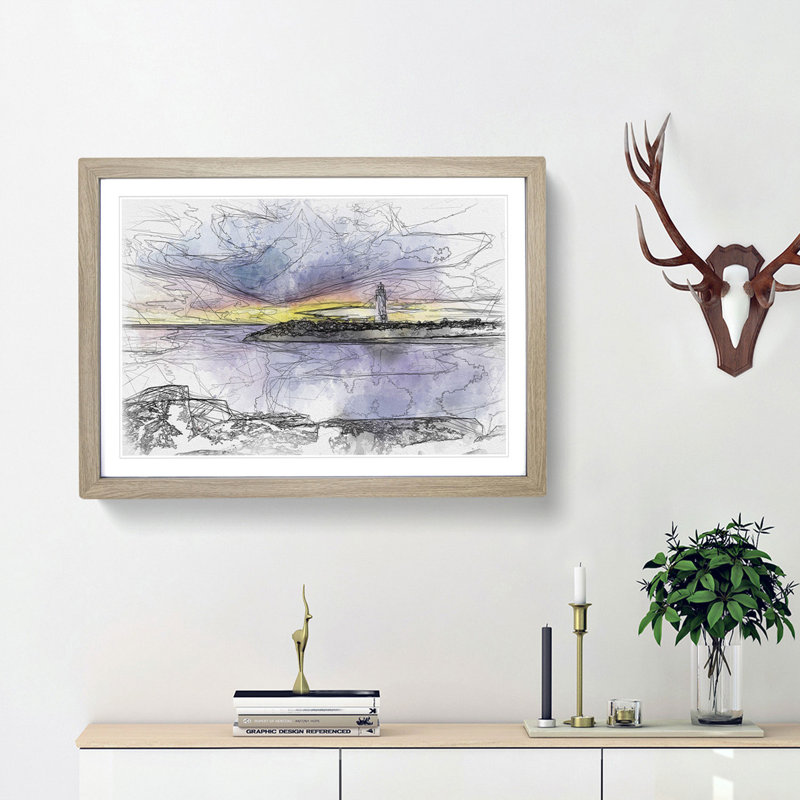 Remote Lighthouse & Seascape Sketch - Picture Frame Graphic Art Print, Oak Framed, 62cm H x 87cm W x 2cm D