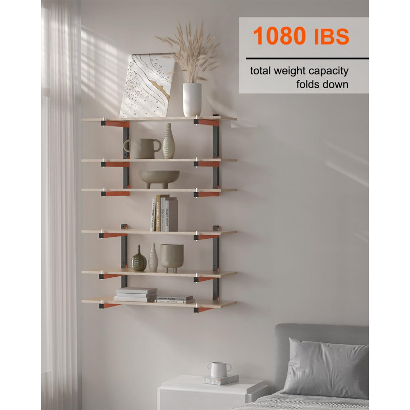 Support à bois à montage mural, supports de rangement en bois robustes avec système à 9 niveaux, organisateur de garage en bois robuste de 1 080 lb, supports en métal orange (paquet de 6)