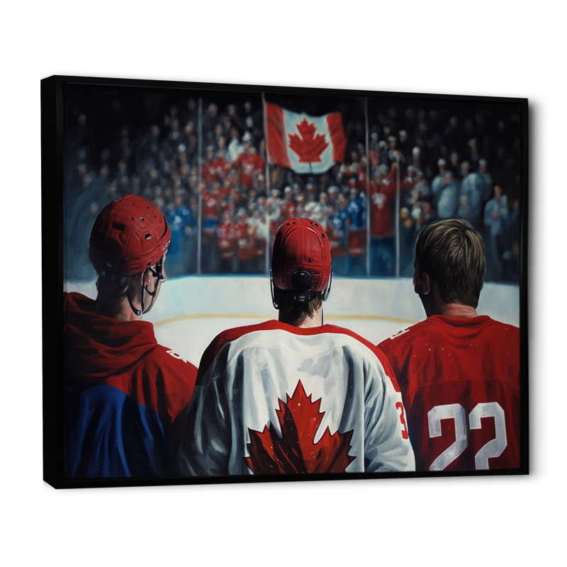 Hocky joueurs pendant le jeu - reproduction sur toile, L 20 po x H 12 po, Cadre noir