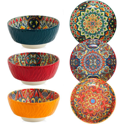 Ensemble de 6 bols à céréales en céramique, bols à soupe colorés, parfaits pour la cuisine, bols de service pour salade, pâtes, ramen, desserts, micro-ondes, allant au lave-vaisselle, style mexicain bohémien