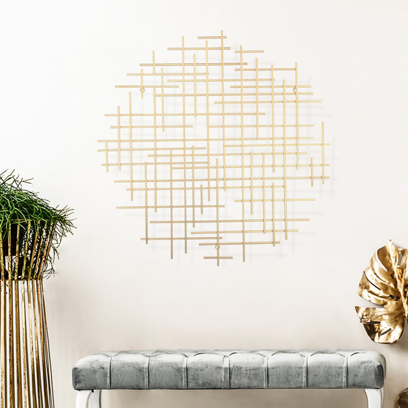Abstract Lines Round Hanging Dimensional Sculpture, Gold, 30" H x 29.75" W x 1.25" D