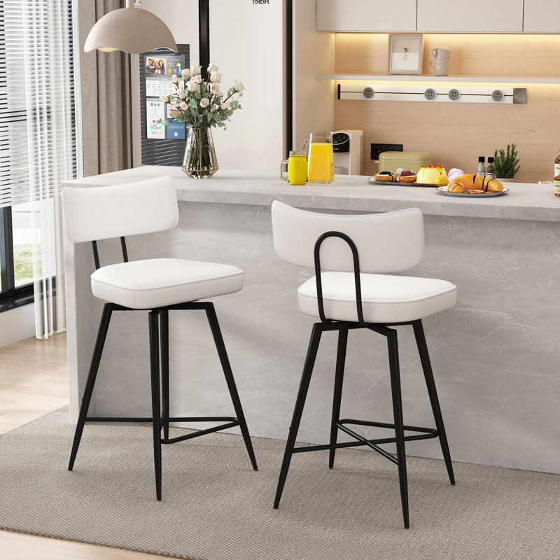 White Leather Swivel Counter Stools with Black Metal Frame, Set of 2