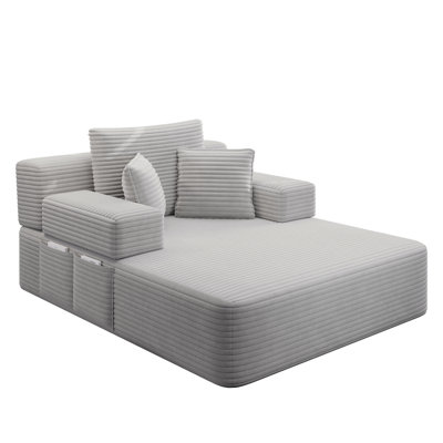 Luxurious Plush Corduroy Chaise Lounge With 3 Pillows, Convertible Sofa Bed With Storage Pocket, Frameless Design & Compression Foam For Small Spaces, Living Room, Apartment,Light Grey