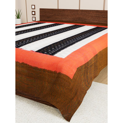 Exotic India Pure Cotton Queen Size White and Black Bedspread with All-over Ikat Weave
