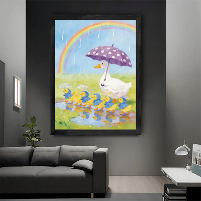 Modern Black Framed Wall Art Decor Duck Family Umbrellas and Ducks Gallery Wrapped Artwork in Black Frame Unique Gift for Friends and Family Home Decor
