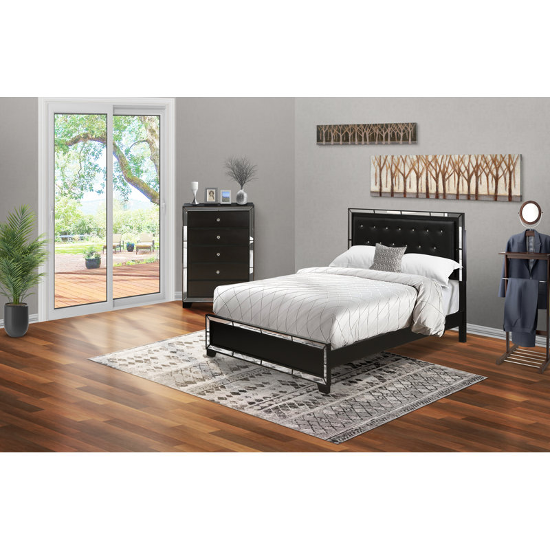 Ensemble de chambre à coucher 2 pièces avec cadre de lit grand capitonné et tiroirs Chester - tête de lit en similicuir noir et pieds noirs