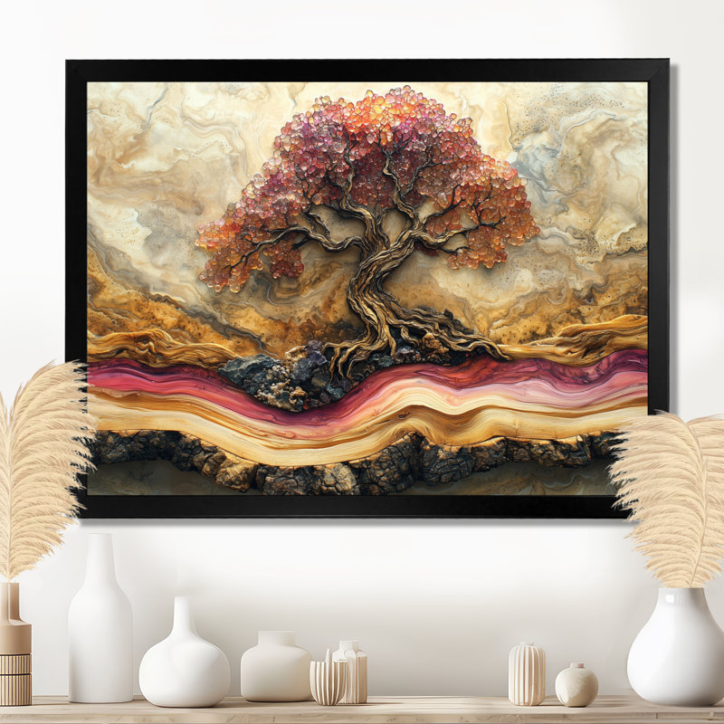 Rose doré, marbre infini, arbre de vie I - arbre de vie, art mural, H 30 po x l 40 po, Noir
