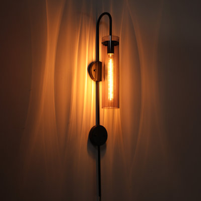 41" Indoor Wall Sconce With Ribbed Glass Shade, Hardwired or Plug-in Modern Wall Lamp for Home/Commercial, E26 Base, Black & Smoke Gray