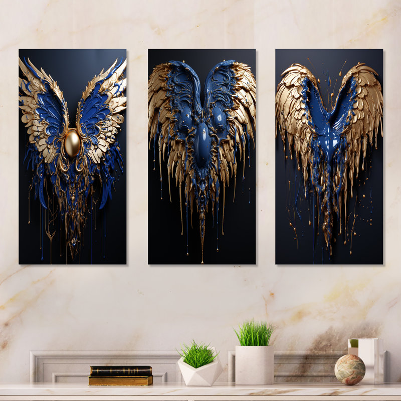 Royal Blue And Gold Angel Wings I - Fantasy Metal Prints Set Of 3, 28" H x 36" W