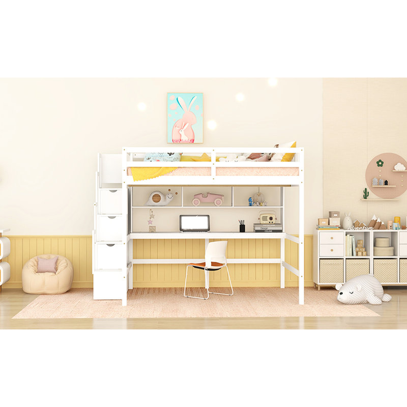Lit mezzanine blanc avec bureau, tablettes et rangement - Améliorez le confort d'organisation de votre chambre à coucher et améliorez la fonction