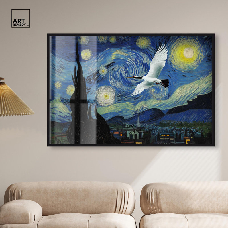 «Crane Starry Night Shadowbox» par Pet Remedy, H 37 po x l 55 po, Noir