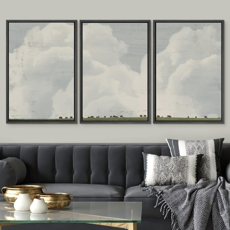 «Clouds Country Farm Cows», impression sur toile encadrée 3 pièces, Noir, H 24 po x l 48 po x P 1,5 po