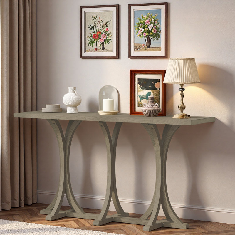 Console en bois avec plateau en placage de chêne et pieds courbés, Gris
