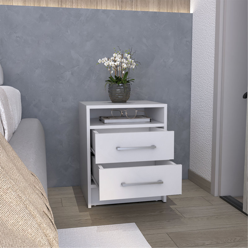 Table de chevet H 23,6 po, avec 2 tiroirs et 1 tablette, blanc, Blanc