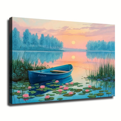 Blue Rowboat On Calm Lake With Water Lilies At Sunset, Large Gallery Wrapped Canvas Wall Art Print For Living Room Bedroom