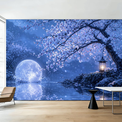Murale "Peler et coller", lanterne de cerisier en fleurs par Calm River, art mural autoadhésif et amovible