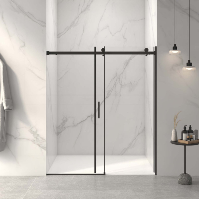 Frameless Sliding Shower Door,5/16" (8Mm) Thick SGCC Tempered Clear Glass,Double Side Easy Clean Coat, Matte Black