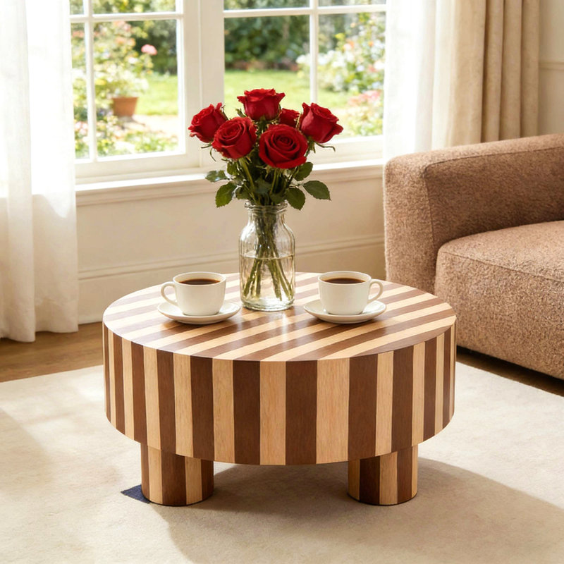 Table basse ronde en bois, finition naturelle pour le salon