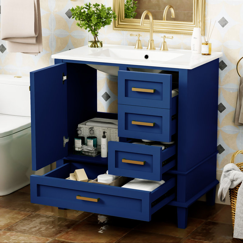 Meuble-lavabo 30 po en céramique avec tiroir, porte et armoire de rangement, Bleu, Doré