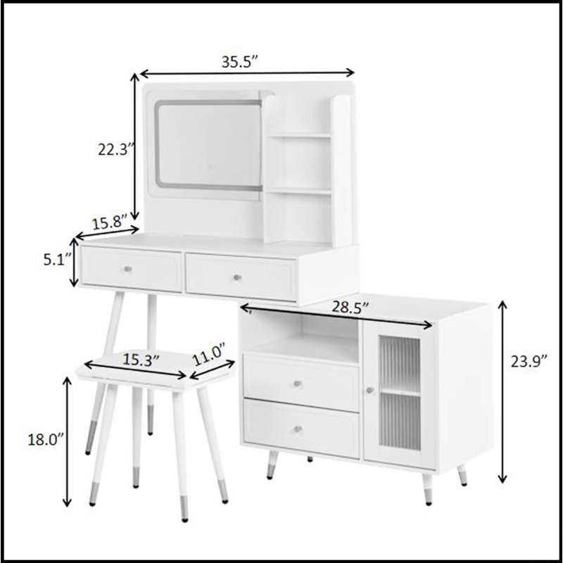 Modern Makeup Vanity Desk With Adjustable LED Lights, Retractable Side Cabinet, And Built-In Power Outlet For Enhanced Beauty Routine
