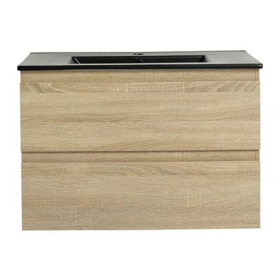 Meuble-lavabo de 30 po, lavabo en céramique noire. 2 tiroirs, finition chêne. Meuble-lavabo contemporain avec lavabo, tiroirs à fermeture en douceur. Style chêne. Rangement généreux