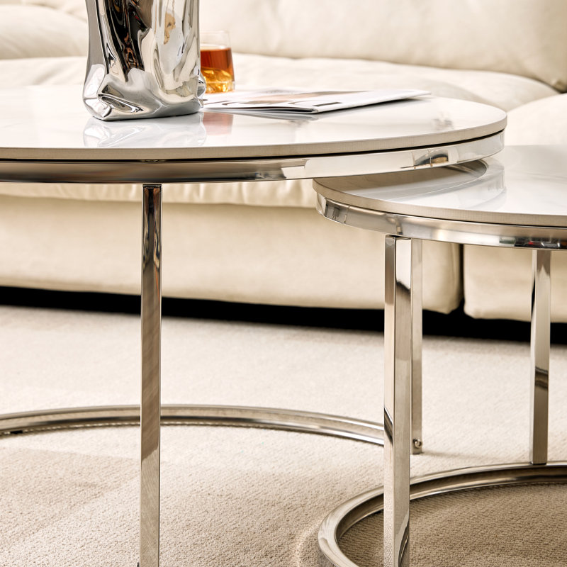 NOVA Modern Nesting Coffee Table Set – 2-Piece Sintered Stone Tables with Chrome Gold/Silver Legs, Silver