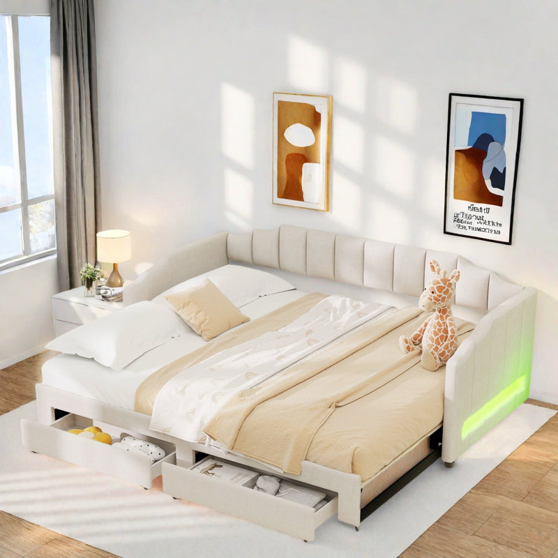 Extendable Upholstered Daybed With 2 Storage Drawers And Led Light, Beige